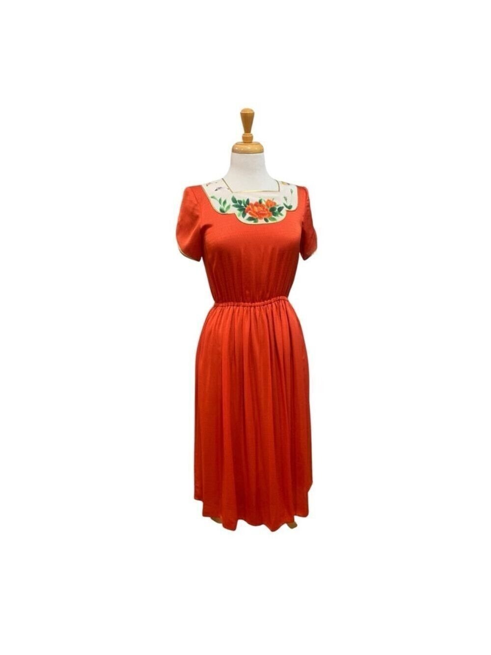 Vntg 70’s Women's Oriental Beauty by Eliza Wang Orange Floral Dress Juniors 9